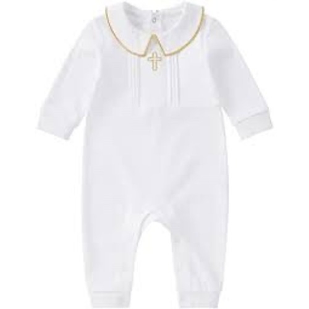 White Organic Cotton Baptism Christening Romper Cross Gold Trim‎ 18M